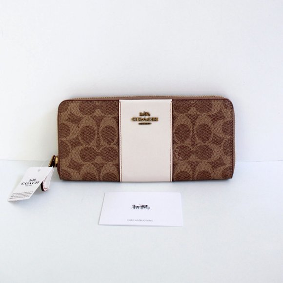 Coach Signature Coated Canvas Colorblock Leather Slim Accordion Zip Wallet Tan